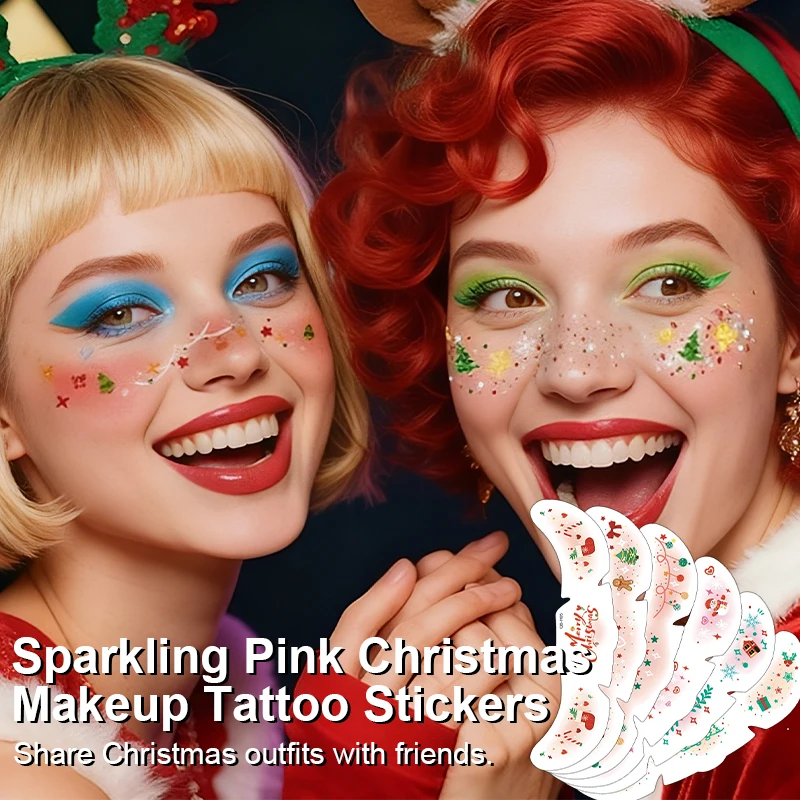 

6pcs Pink Christmas Face Tattoo Stickers Snowflakes Deer Stars Heart Freckles Temporary Tattoo Stickers for Festival Party