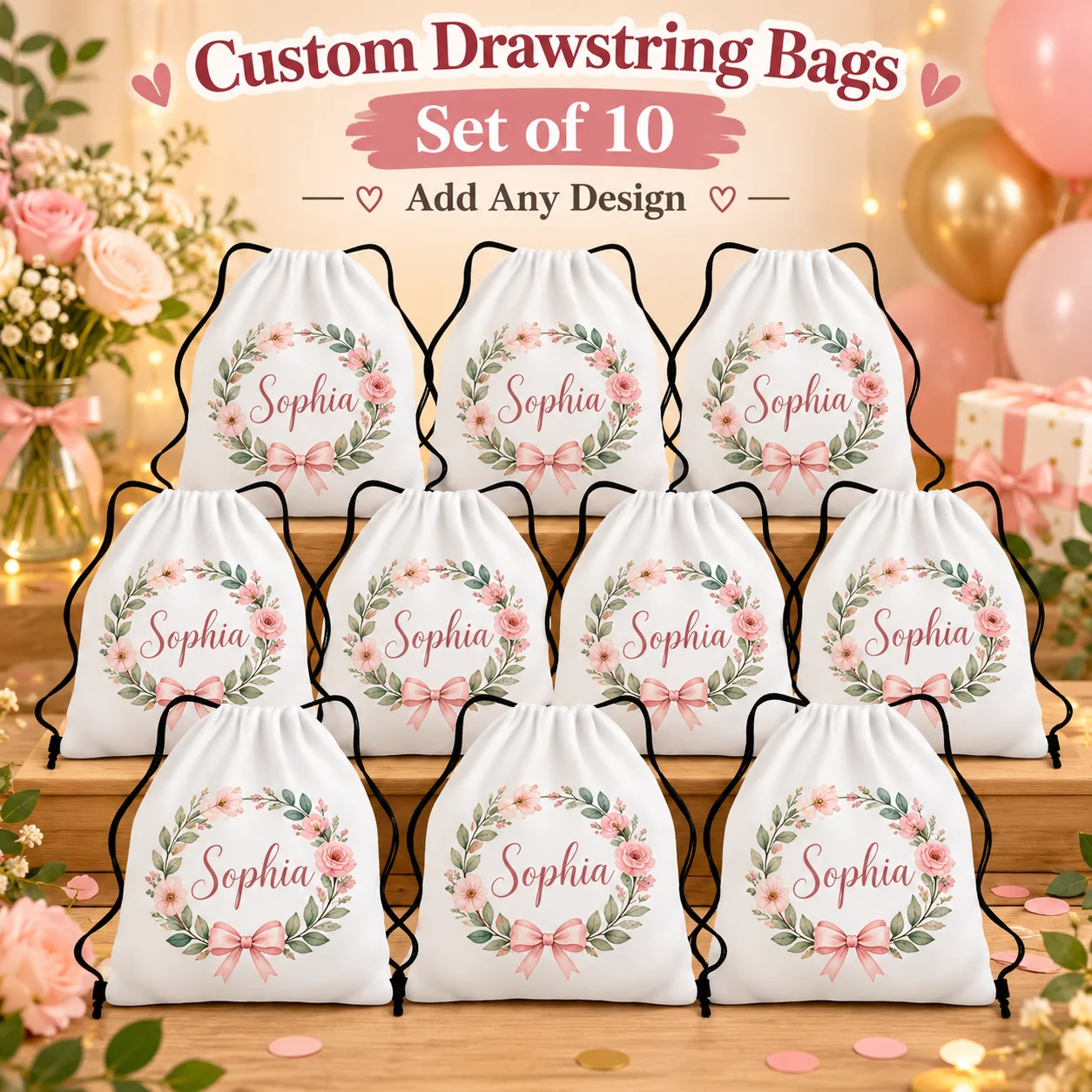 Custom Drawstring Bag Set of 10, Personalized Name Pattern Small Gift Pouches for Party Favors, 18x13cm