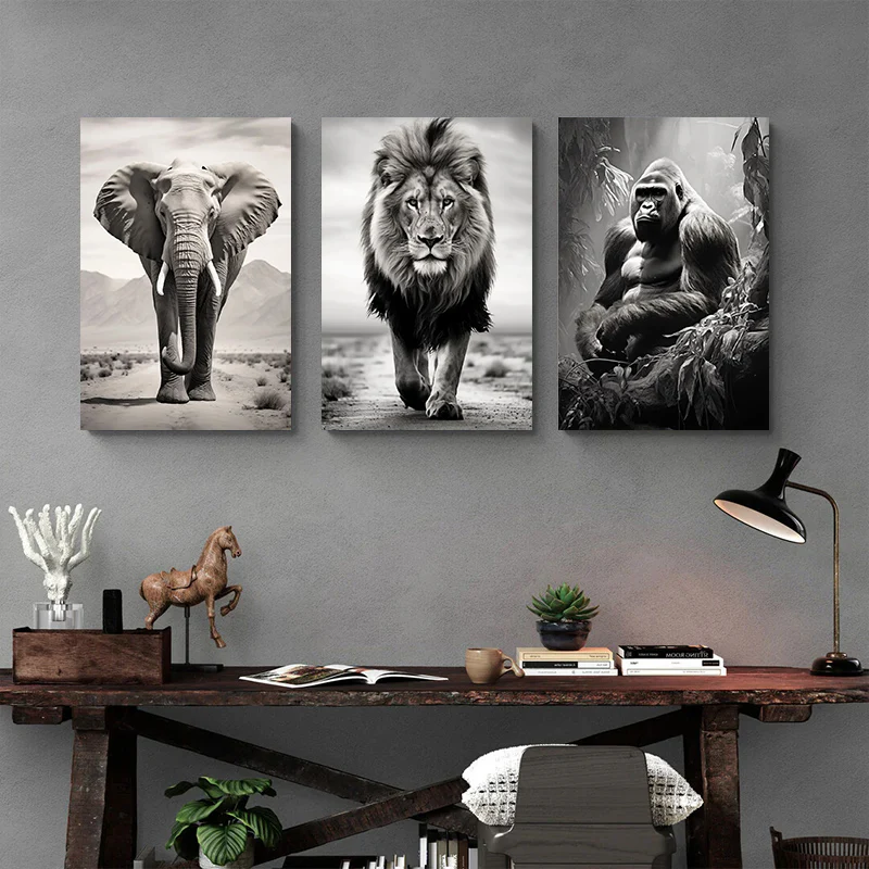 Black and White Lion Elephant Gorilla Canvas Paintings on The Wall Art Posters and Prints Animals Pictures For Living Room Decor