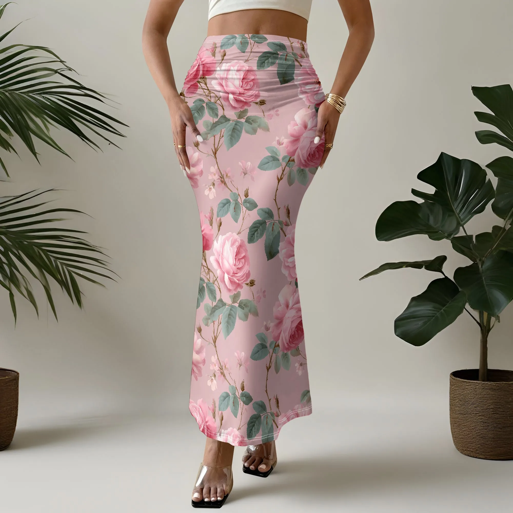 Pink Rose Print Mermaid Skirt, Floral Midi Skirt, Ruffle Hem Skirt, Summer Beach Skirt for Women, S-2XL