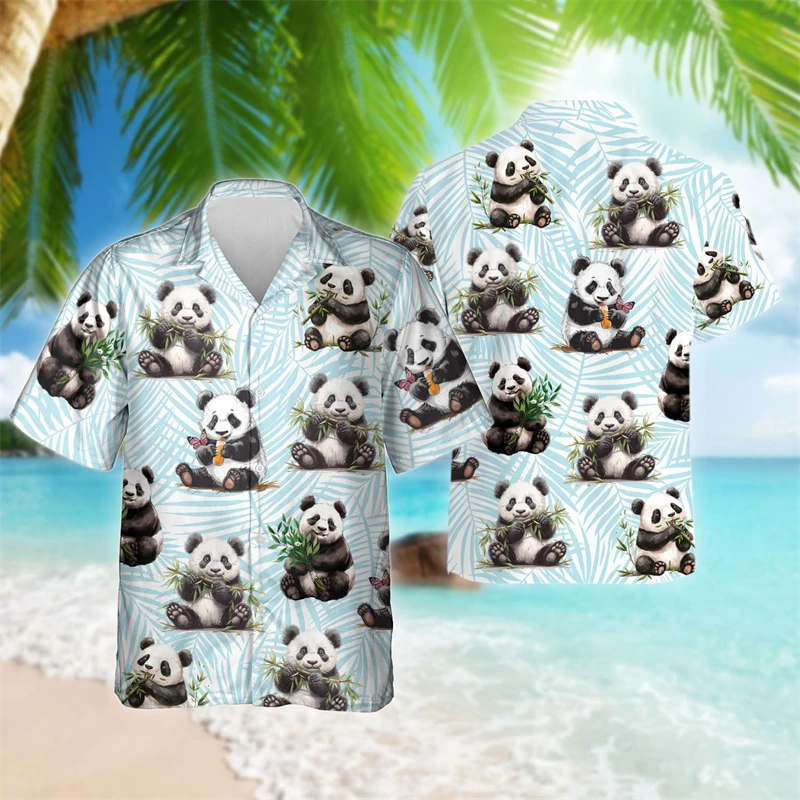 Panda Graphic Lapel Blusa para Homens e Mulheres, Tops Masculinos Kawaii, Camisa de Manga Curta, Roupas de Animais Engraçadas, Havaianas, Blusas de Bambu, Adorável