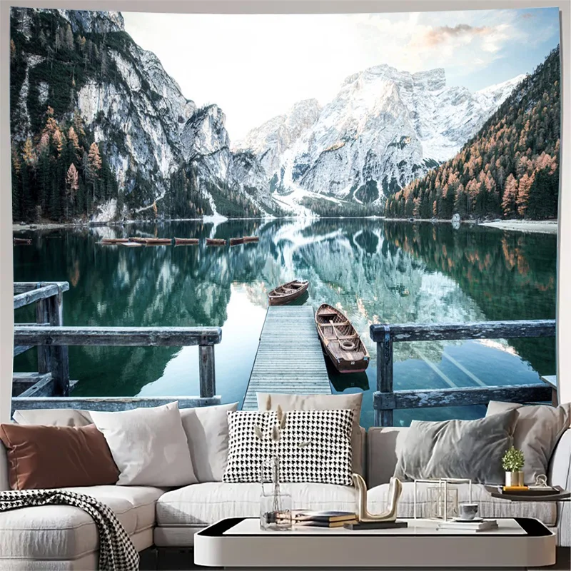 Luxury Alpine Mountain Lake Tapestry Wall Hanging Nature Landscape Scenery Decor Art Canvas Print for Home Bedroom Living Room