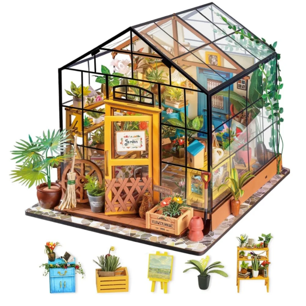 

Robotime Mini Green House Cathy's Flower House DIY Dollhouse Wooden Miniature Furniture Kit with LED Best Birthday Gifts