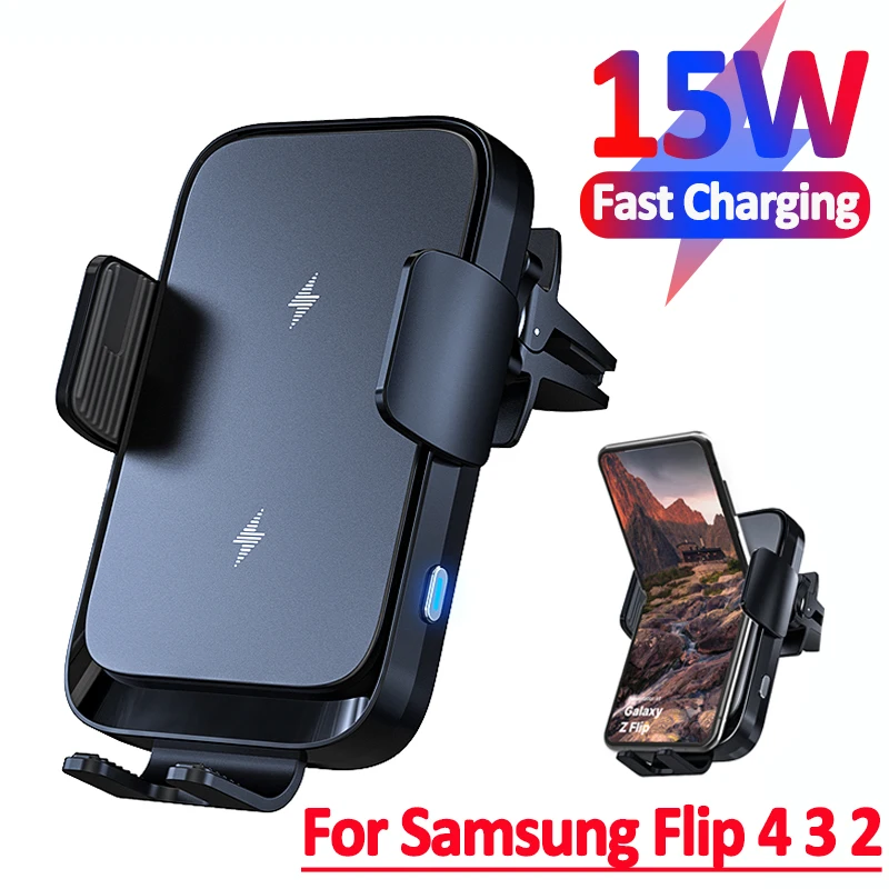 Wireless Car Charger Dual Coil Car Phone Holder Stand for Samsung Galaxy Z Flip 5 4 3 S22 S21 iPhone 14 13 Fast Charging Station