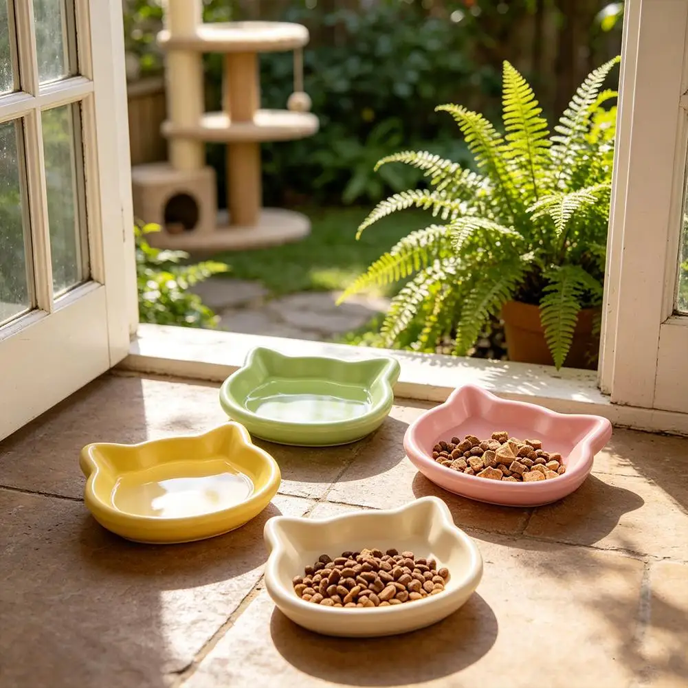 Cute Cat Shaped Pet Bowl Non Slip Ceramic Food Dish Pastel Pink Animal Plate Water Feeder Kitten Small Dog Accessories