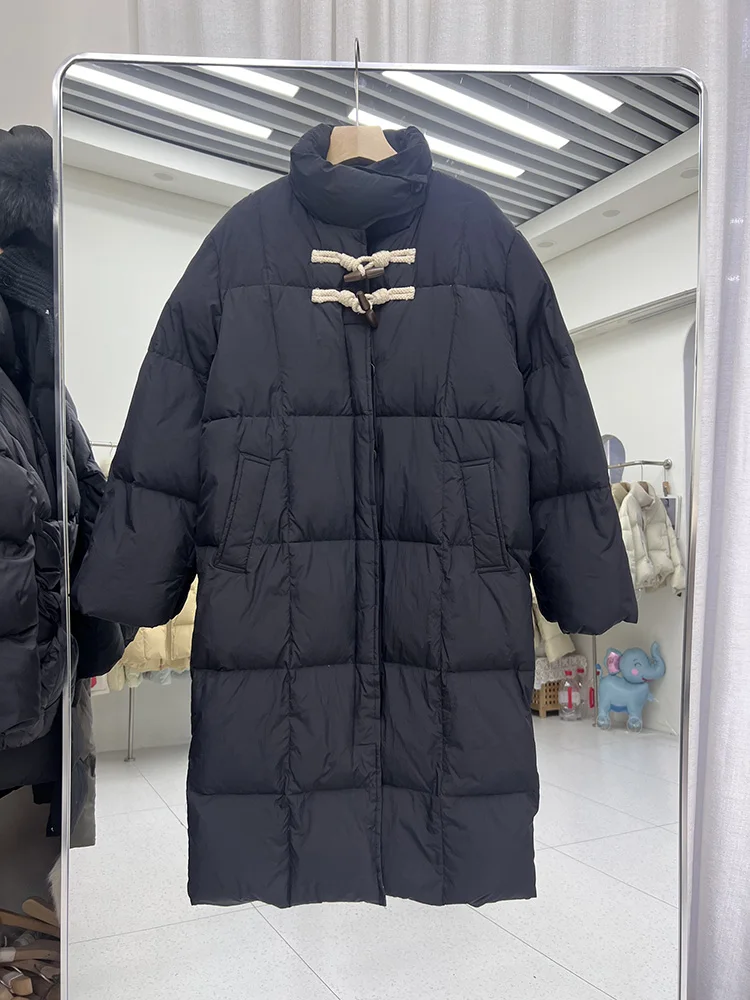 سترة نسائية بأزرار على شكل قرن البقر طراز طويل 2025 النسخة الكورية الجديدة بياقة واقفة وسترة سميكة من ريش البط الأبيض #3