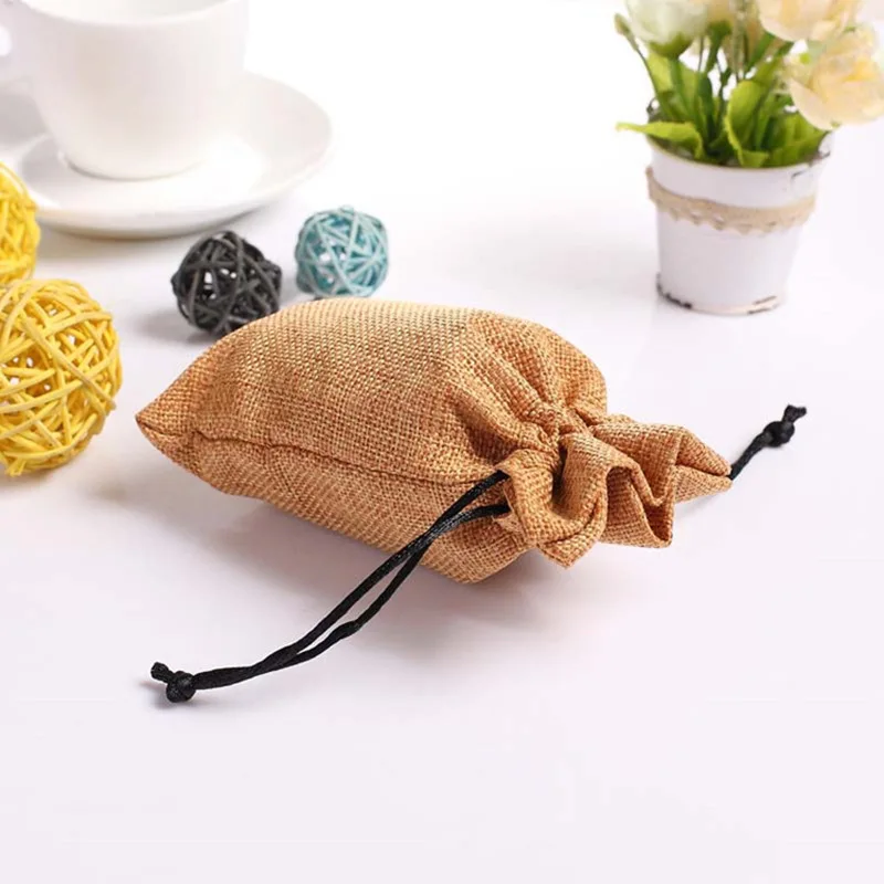 50pcs Thickened Imitation Linen Burlap Bag Buddha Beads/ Bracelets/ Antiques Gift Pouch Drawstring Storages Bag 10x15 Print Logo