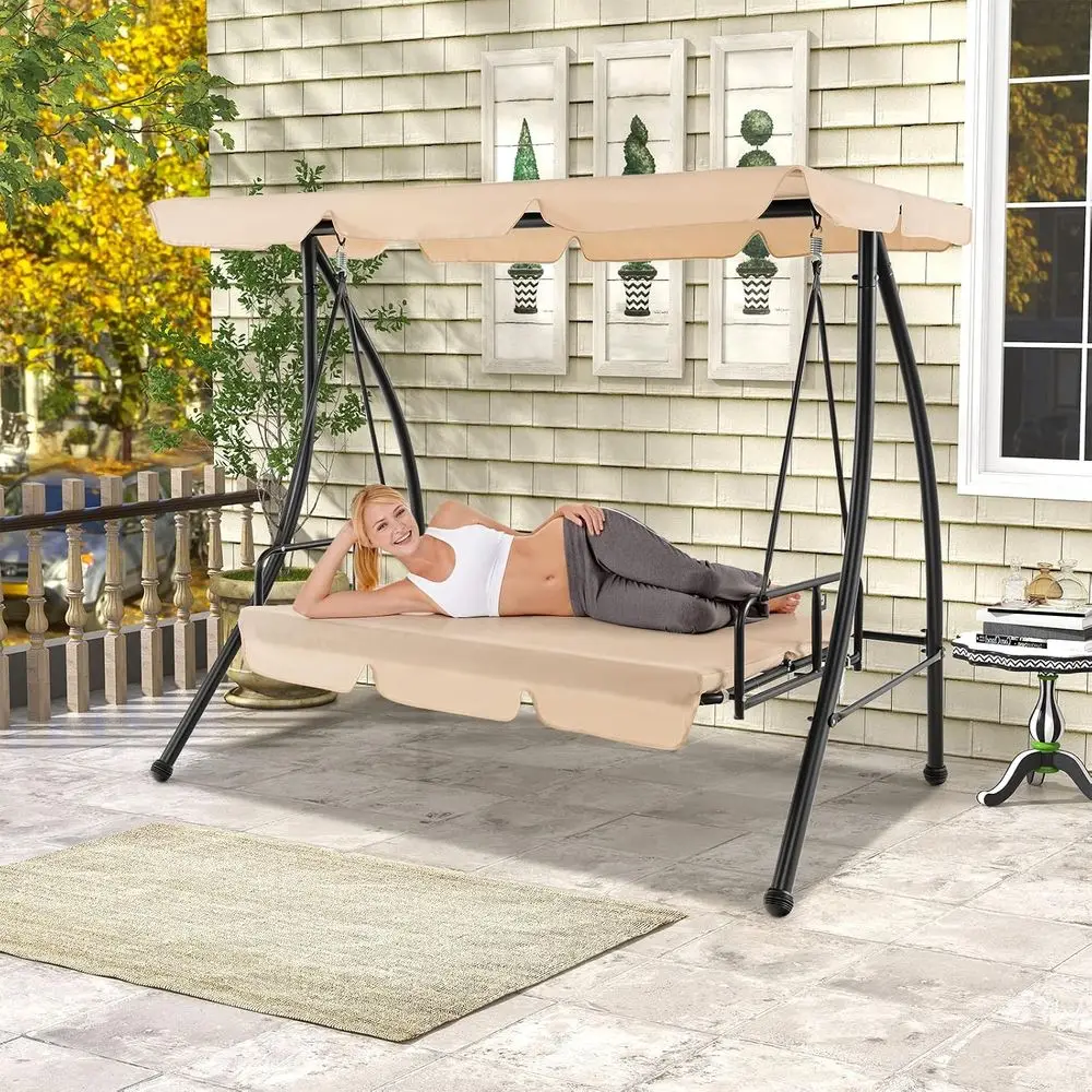2 Person Porch Swing, 2-in-1 Convertible Outdoor Swing Bed with Adjustable , Removable Cushions, Solid Metal e, Outside Patio Sw