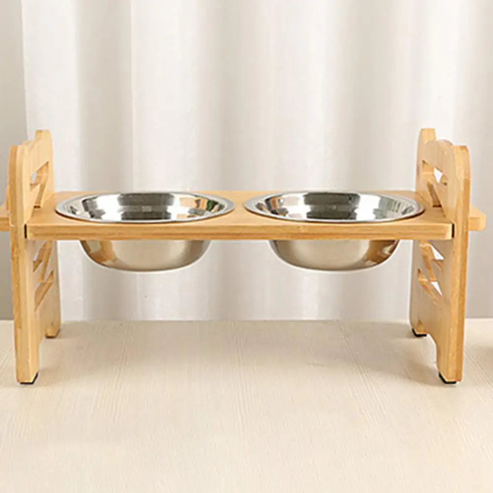 Easy to Pet Bowl Elevated Puppy Bowl Adjustable Elevated Cat Bowl Stand for Healthy Eating Habits Non-slip Bamboo Cat Dish