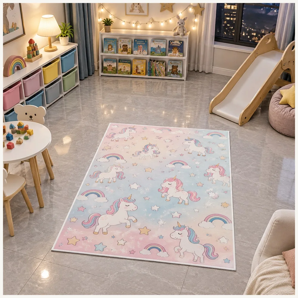 VIKAMA Kids Play Macaron Pink Blue Unicorn Flannel Door Mat, Non-Slip Washable Door Mat, Home Decor for Porch, Garden Room, Snug