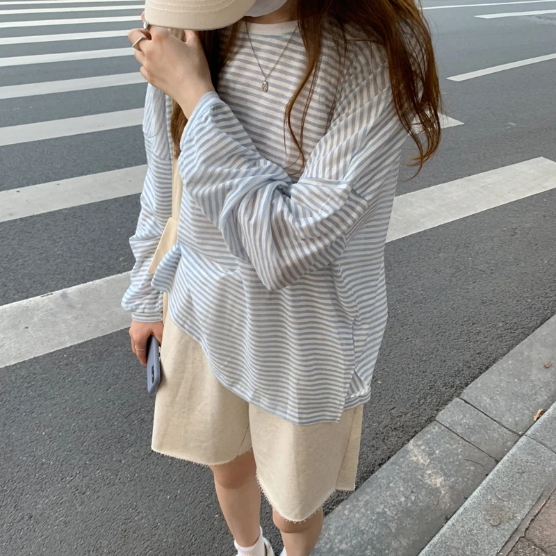 

plus Size Women's Striped Long Sve T-irt Summer Thin Sun Protection Loose Fit Air Conditioning Top Korean Sle round Ne