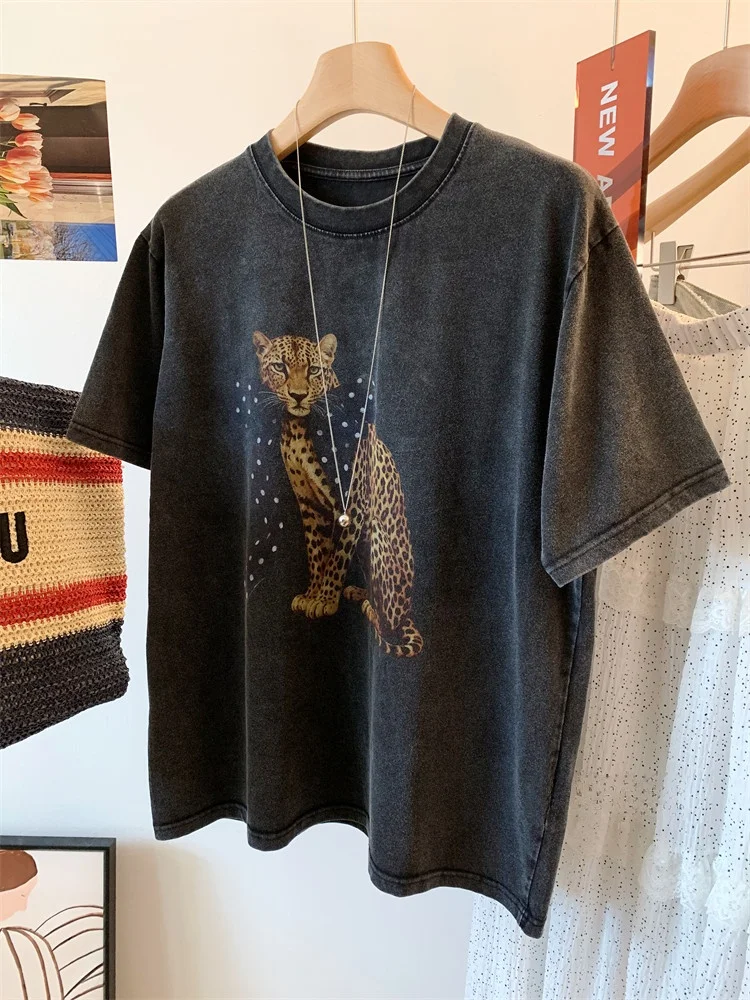 Retro American  Knot Money Leopard Print Worn Casual Loose Women's Short Sleeve T-Shirt Base Shirt Cotton Pure