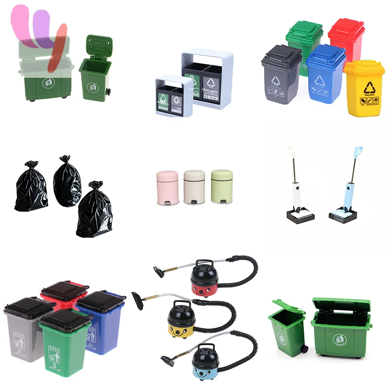 Multi-Styles 1:12 Dollhouse Miniature Trash Can Toy Model Miniature Trash Bags Simulation Garbage Curbside Trash Bin Kid Toys