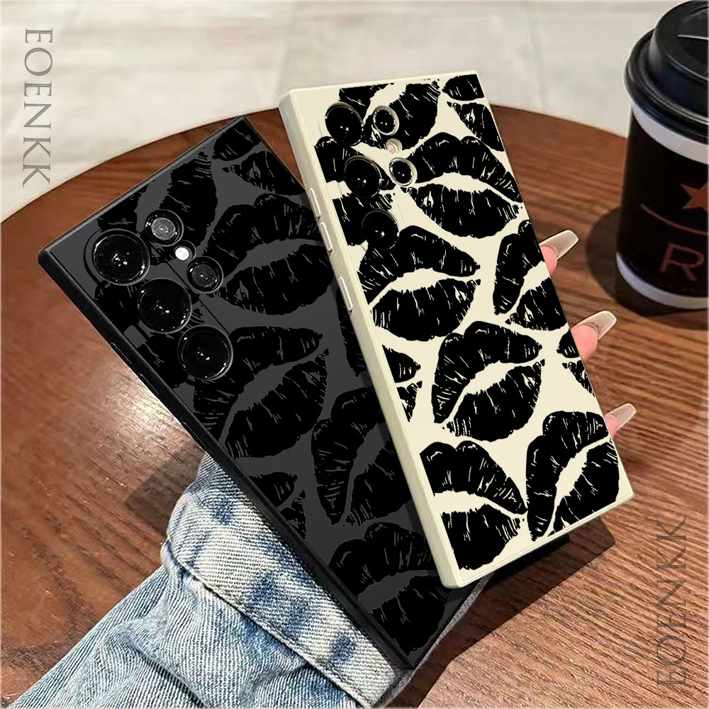 Black Lips Soft Matte Phone Case for  Samsung Galaxy Note 10 20 Lite S25 S24 S23 S22 S21 S20 Ultra FE Plus 5G Anti-fall Cover