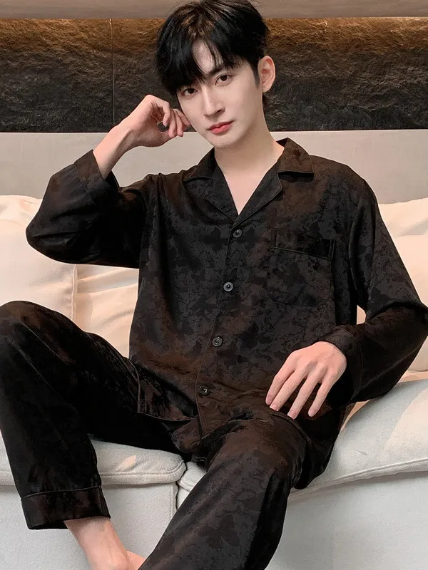 メンズアイスシルク長袖薄いサテンパジャマセット黒花柄刺繍ホーム服大きいサイズ夏快適なルーズフィット