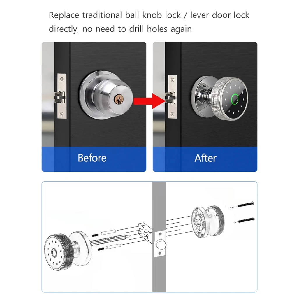 WAFU Q3 Fingerprint Lock Smart Tuya Knob Door Lock Support Key Password Bluetooth APP Unlock Rechargeable Battery