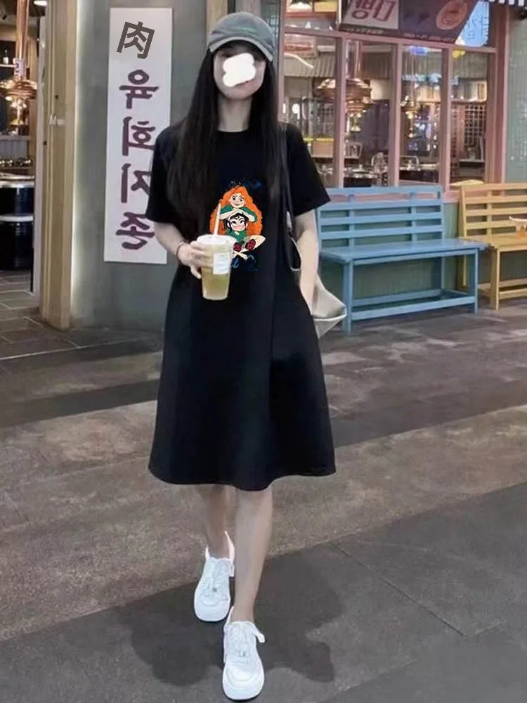 Summer 2026 plus Size Loose Printed Long T-Shirt Dress Casual Belly Covering Short Sleeve Women's Dress Polyester Cotton Blend