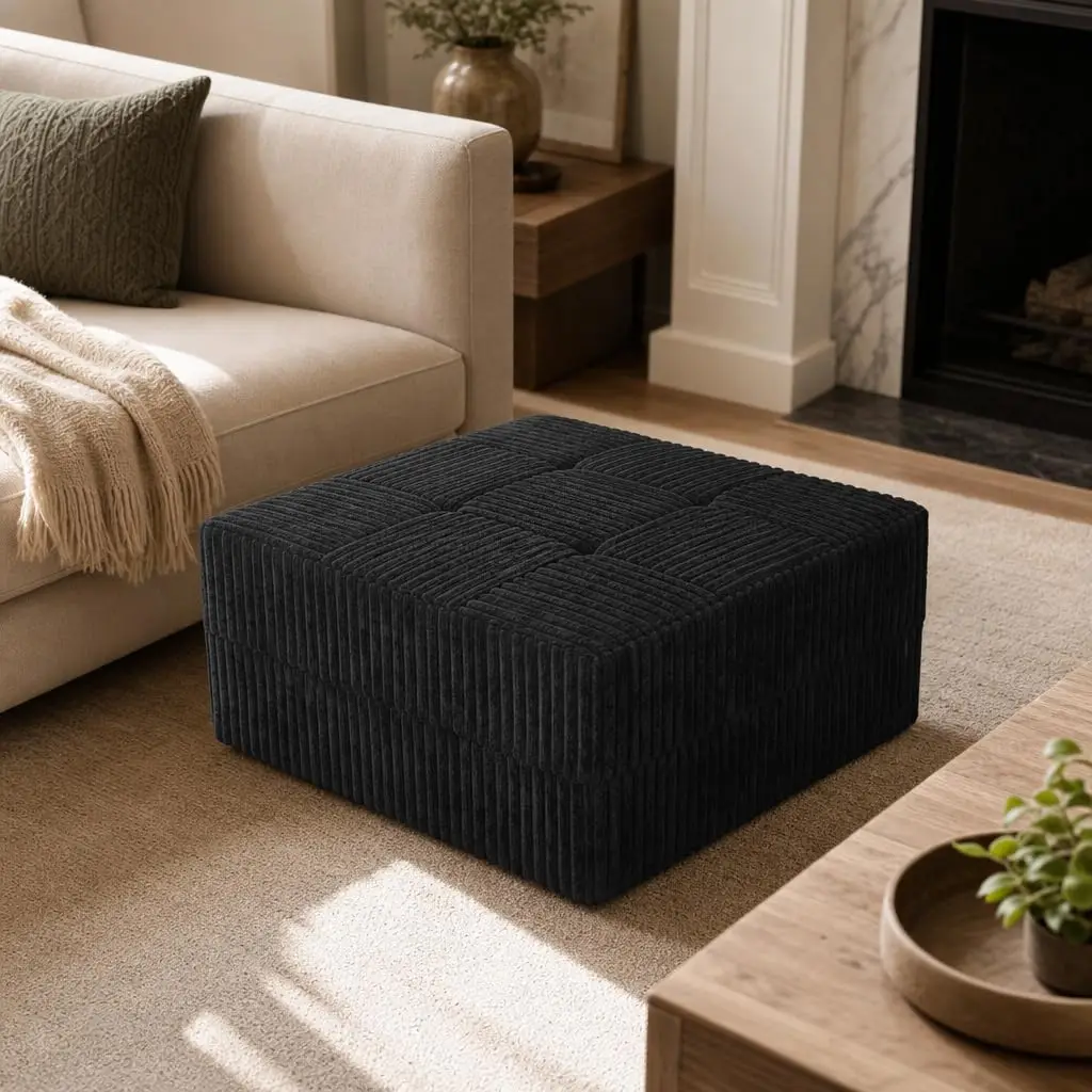 Large Square Corduroy Ottoman, Tufted Footstool for Living Room Sofa, High-Resilience Sponge, No Assembly, Black, Customized