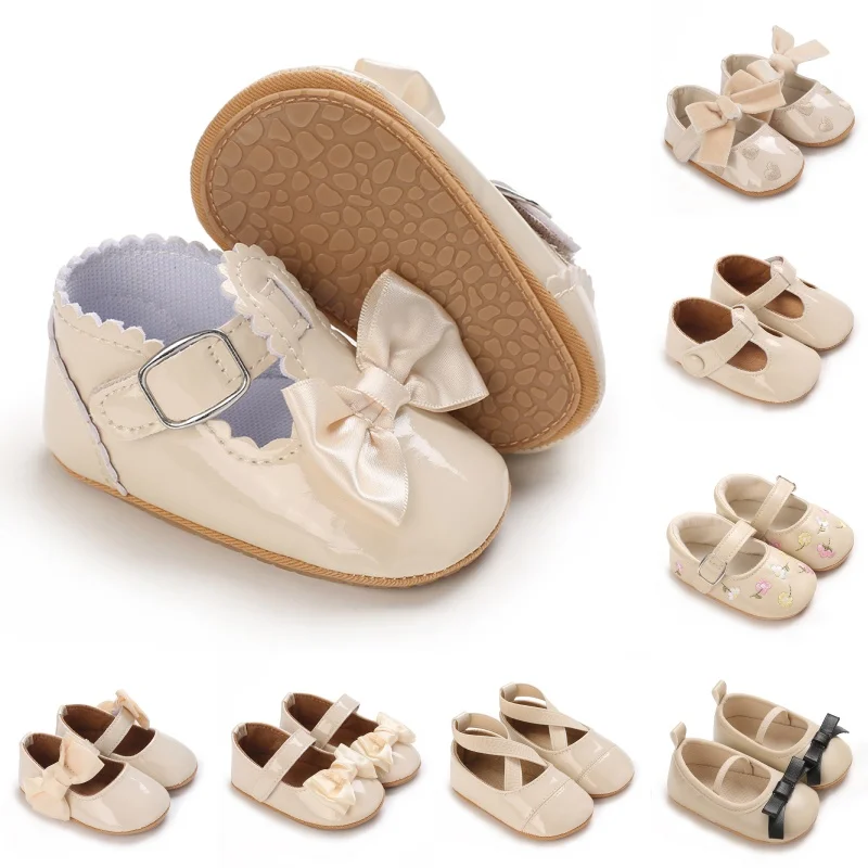 Apricot 0-18M Newborn Casual Shoes Baby Bow Anti Slip Rubber Soft Sole Flat Bottom PU Newborn Bow Decoration Mary Janes