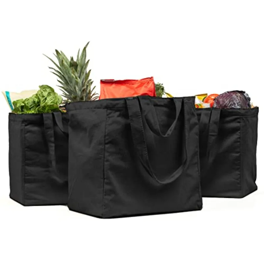 

Canvas Grocery Bag 3pc XL Set with Real Pockets Long Shoulder Strap and Short Handle. Heavy Duty Foldable Washable