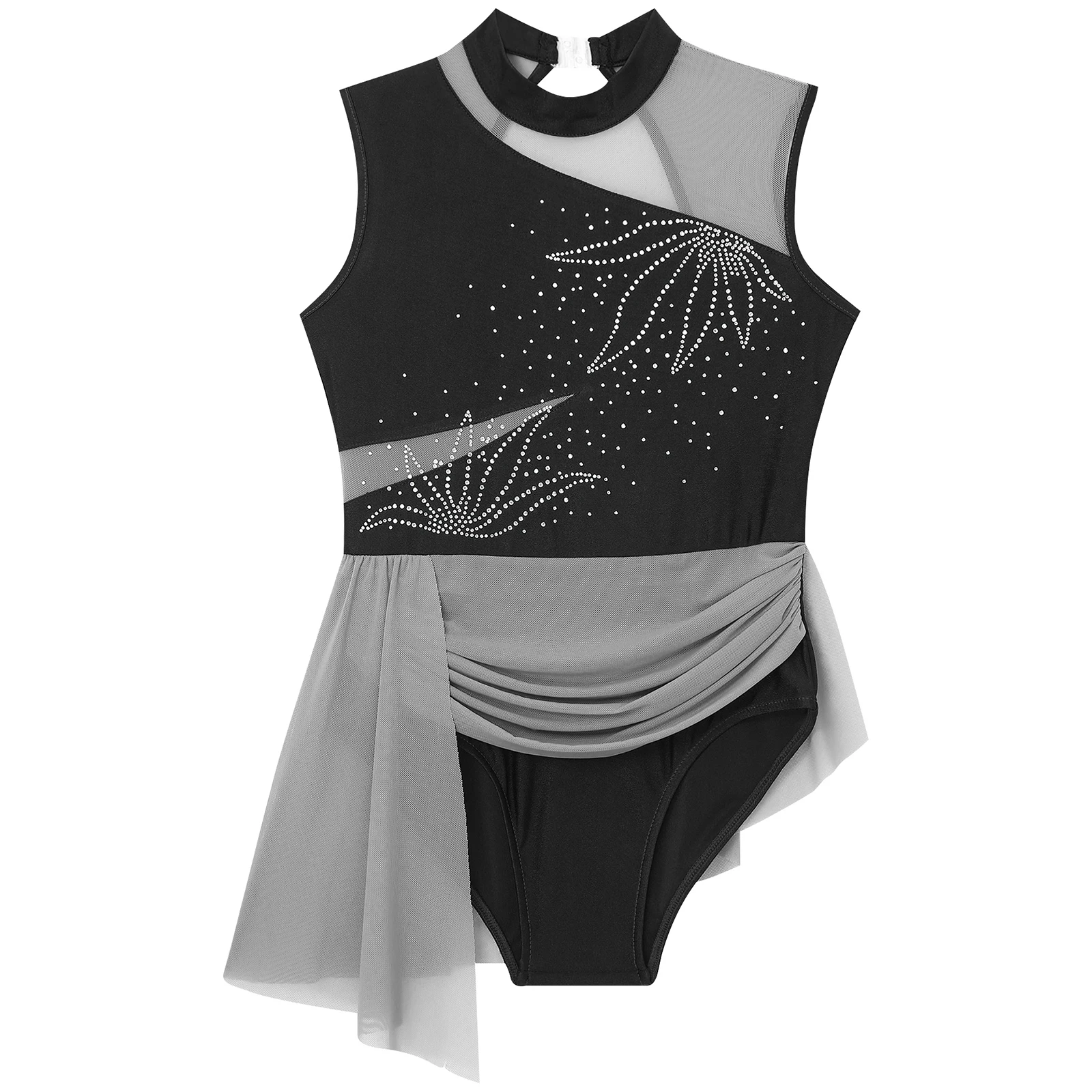 Kids Girls Gymnastics Figure Skating Ballet Dance Costume Sleeveless Shiny Rhinestone Sheer Mesh Leotard Performance Dancewear