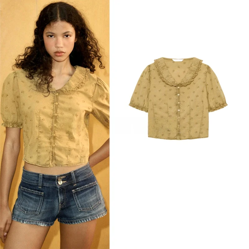 

Elegant Short Shirt Women's Fashion Bubble Sleeve Embroidered Collar Top New Arrival Summer Collection Breathable Polyester