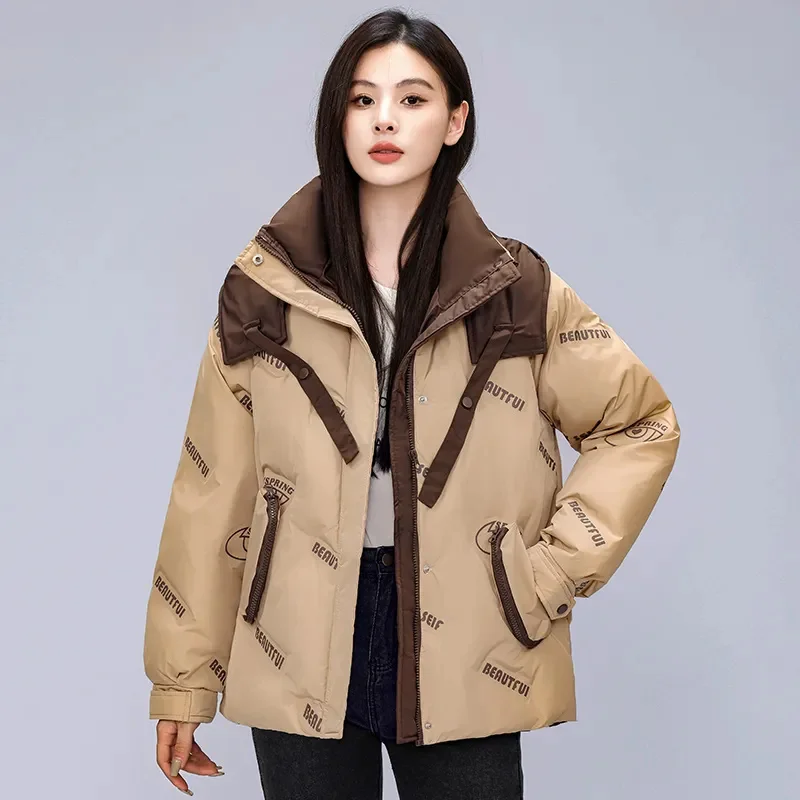 2024 New Print Down Cotton Jacket Women's Thicken Coat Winter Korean Edition Loose Short Hooded Coat Female Warm Parker Outwear