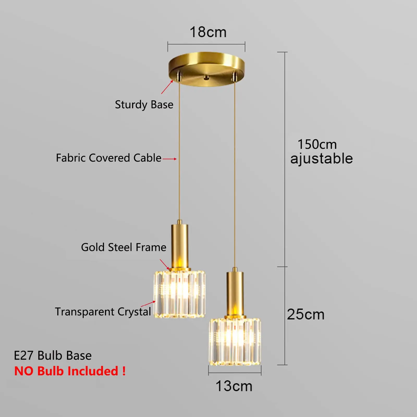 Crystal Pendant Lamp 2 Head Bedroom Light, Mini Hanging Lamp Dining Table, Gold Ceiling Pendant Light for Bedside Hall Kitchen