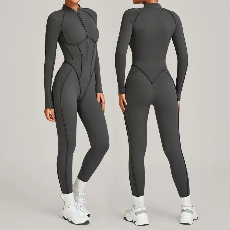 Dámské zimní overaly na jógu, sportovní, fitness, zeštíhlující, jednodílné, na zip, s dlouhým rukávem, do posilovny, na cvičení - náhled 6