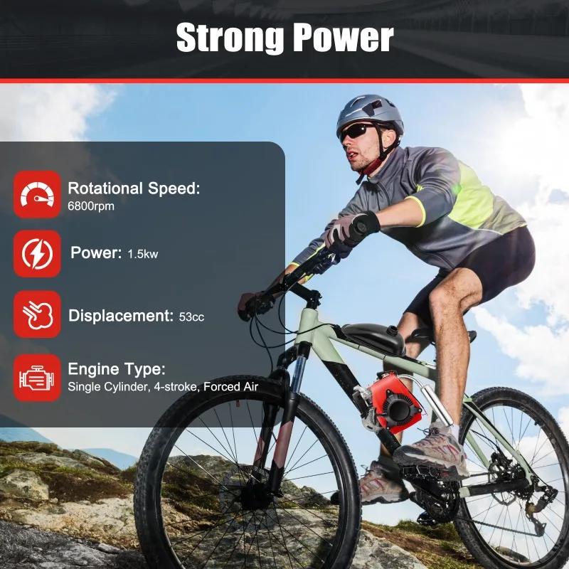 

53CC 4-Stroke Bicycle Engine Kit 1.5KW 6800RPM Hand Pull Start Bike Engine Motor with Air Cooled for Mountain Bikes Road Bikes