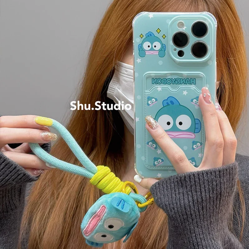 Cute Cartoon Sanrio Hangyodon Card Wallet Pocket Phone Case For iPhone 15 14 13 12 11 Pro Max Soft TPU Cover With Lanyard