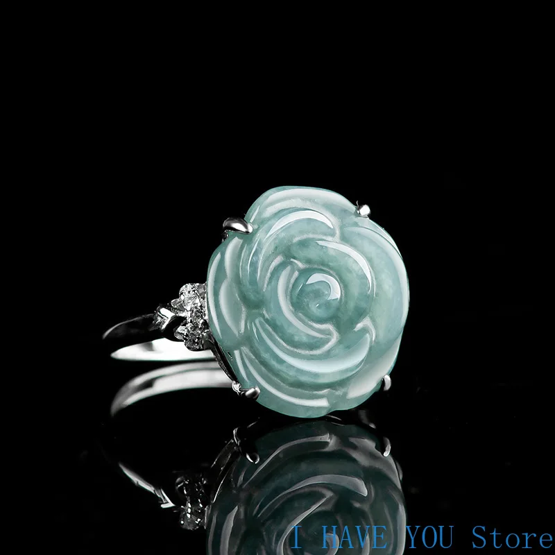 S925 Silver Inlaid Natural A Goods Jade Blue Water Rose Ring Ice Jade Fashion Ring Women's Ring Luxury Jewelry Gift