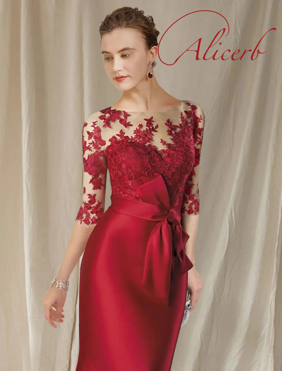 2024 Alicerb New Mermaid Mother of the Bride Dress Elegant Floor Length Lace Satin With Bow Appliques Wedding Guest Dresses