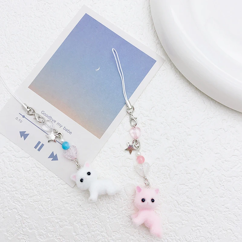 Kawaii Cute Flocking Cat Beaded Keychain Mobile Phone Anti-lost Lanyard Earphone Case Camera Chain Backpack Pendant Decor Gifts