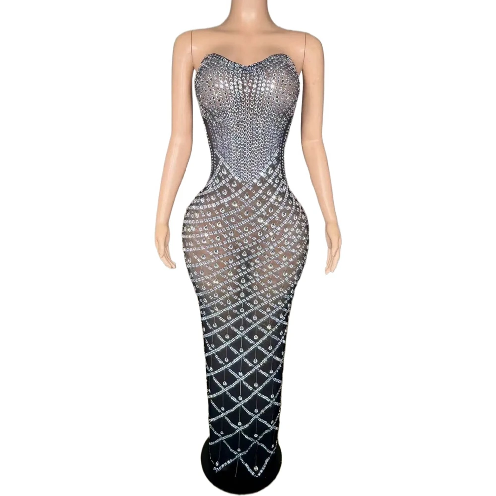 

Sparkly Rhinestones Black Tube Long Dress for Women Sexy Mesh Transparent Evening Birthday Celebrate Prom Photo Shoot Dress