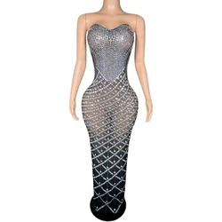 Sparkly Rhinestones Black Tube Long Dress for Women Sexy Mesh Transparent Evening Birthday Celebrate Prom Photo Shoot Dress