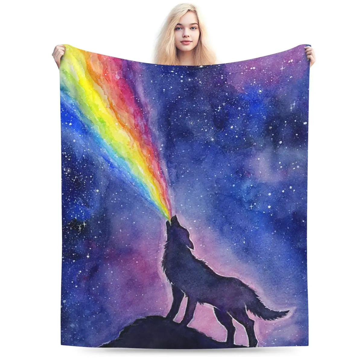 Wolf Howling Rainbow In Space Blankets Soft Warm Flannel Throw Blanket Plush for Bed Living room Picnic Travel Home Couch