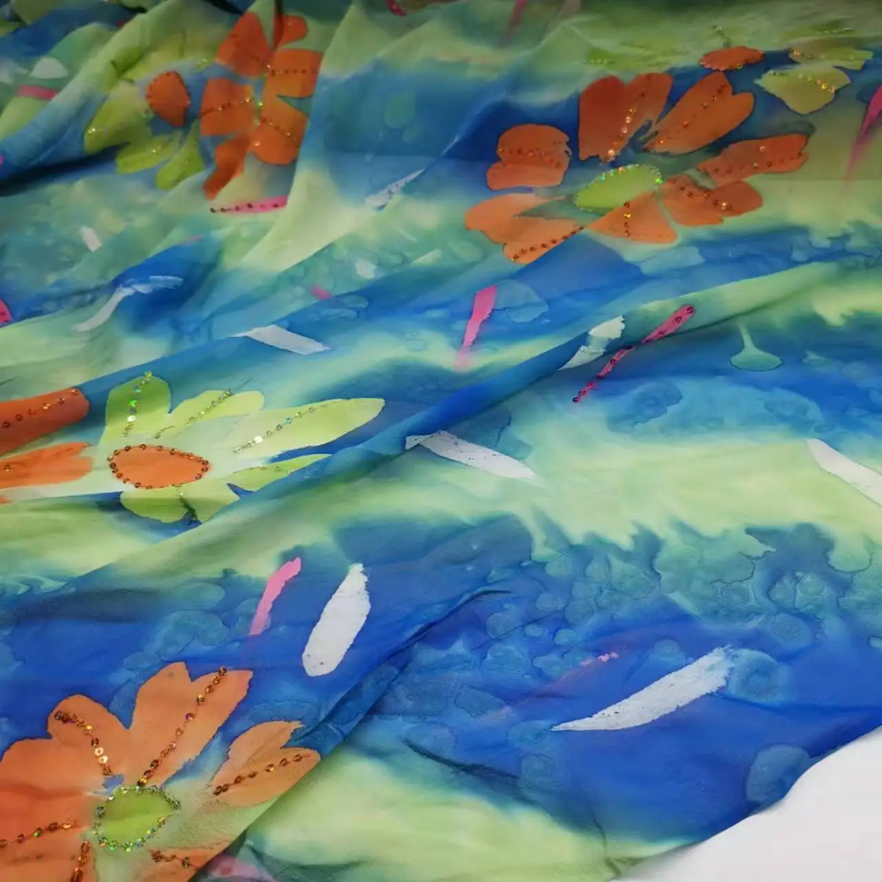 Gran oferta, tela bordada de lentejuelas de seda pura con flores ombré, Sari ostentoso de seda Mulberry, Material de costura DIY