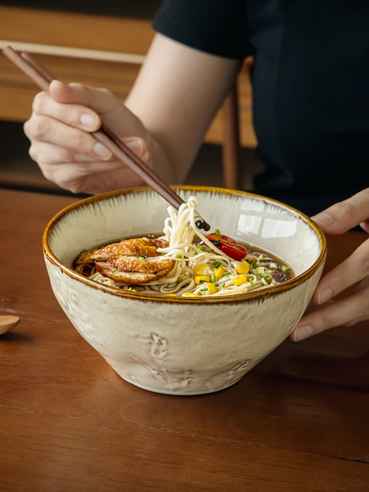 Vintage Embossed 7 Inch Ceramic Noodle Bowl Japanese Ramen Soup Bowl High Foot Instant Noodles Bowl