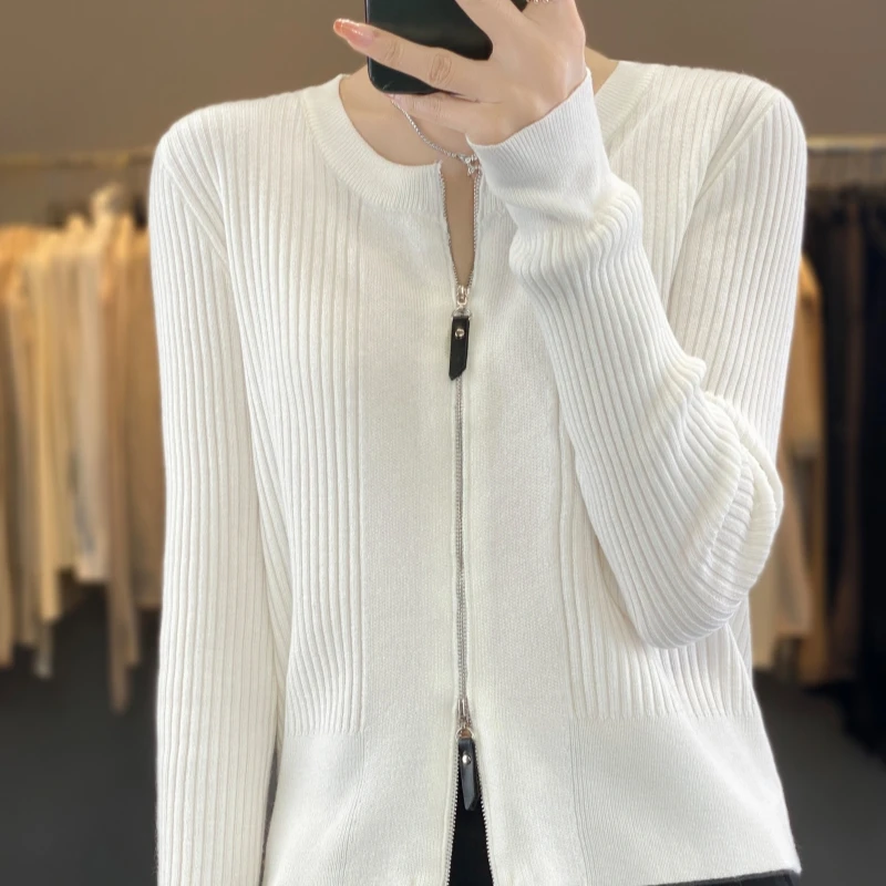 

2024 Spring New Women's Cardigan O-neck Knitted Wool Zipper Coat Women's Thin Women's Cardigan Casual Women's Top