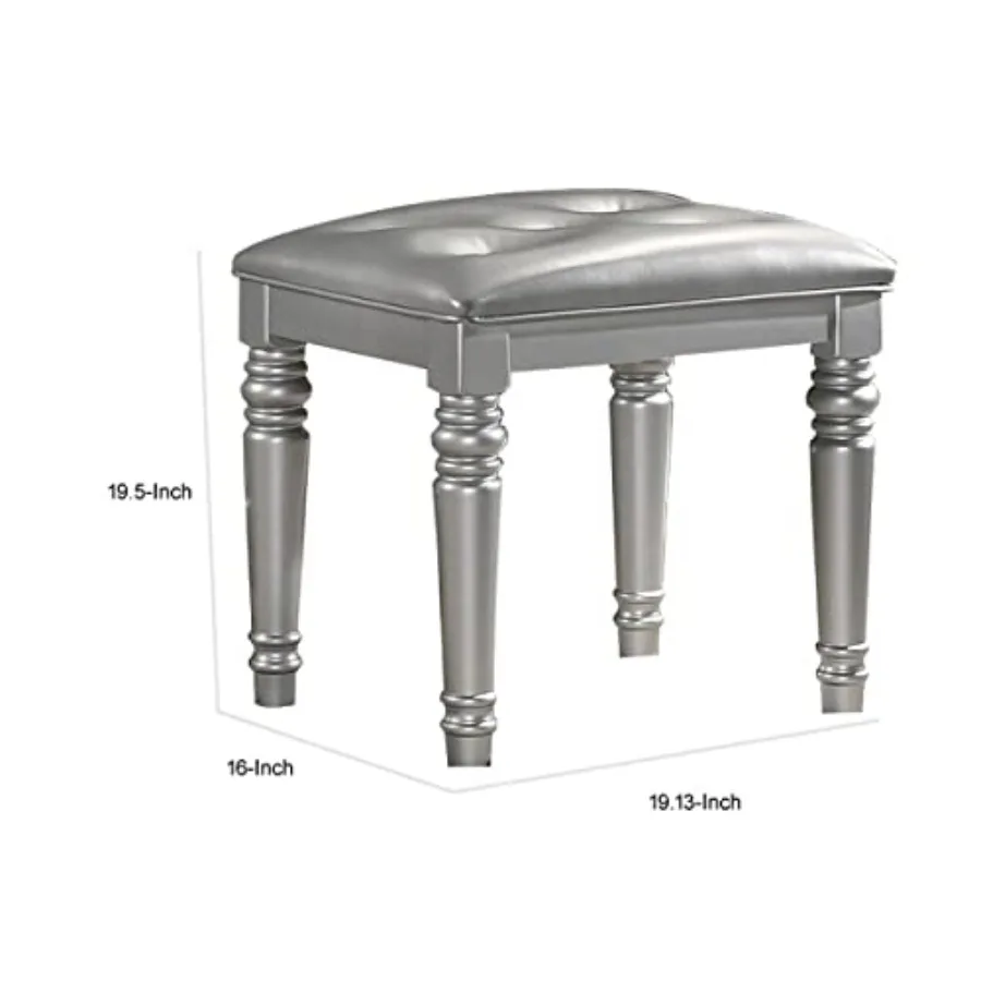 20 Inch Vanity Stool for Makeup Area, Vegan Faux Leather Seat in Glam Silver, Tufted Design for Enhanced Comfort and Style