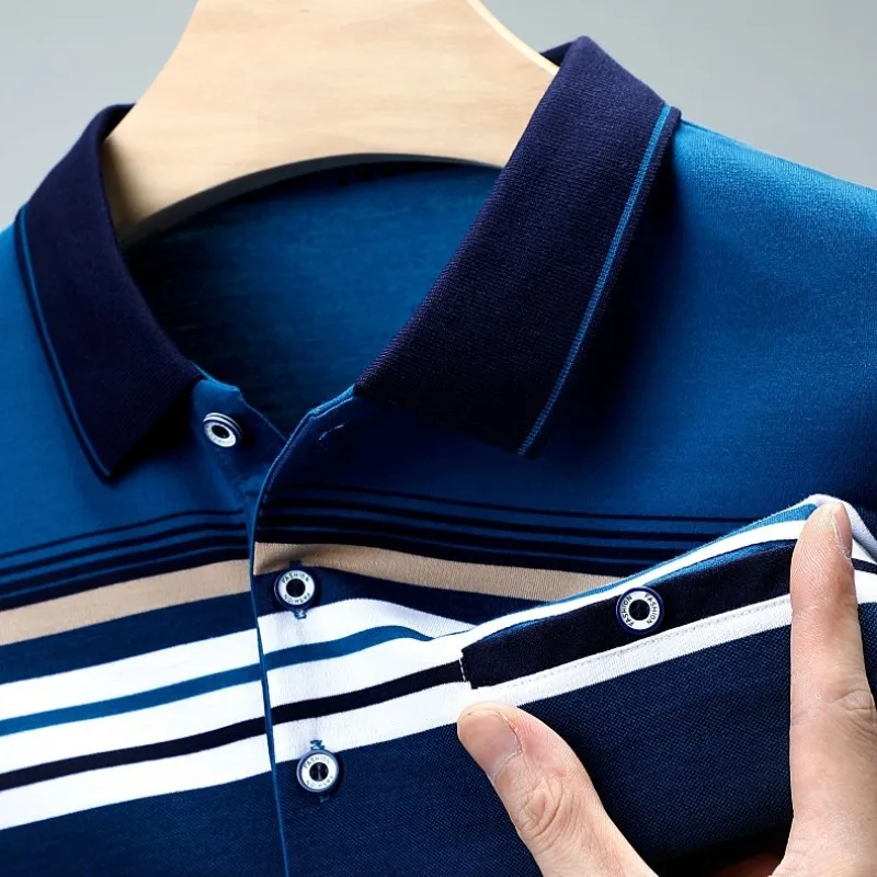 2023 Spring and Autumn Men's Pullover Striped Polo Button Pocket Fashion Casual Loose Long Sleeve Turn-down Collar T-shirt Tops