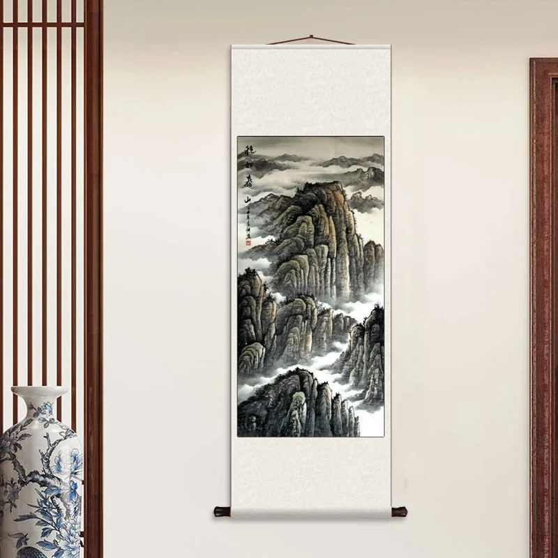 Silk Scroll Decoration Hanging Painting, Landscape Paintings Office Scroll Paintings There Is A Mountain Map Behind The Entrance
