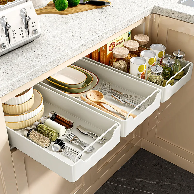 

1Pc Dish Rack Kitchen Storage Box with Sliding Rail Pull-out Cabinet Storage Rack Spice Pantry Shelves Drawer Kitchen Organizer