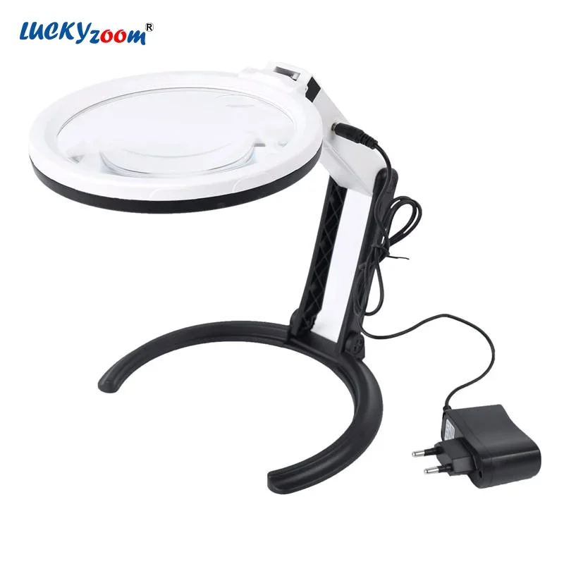 130MM Large Reading Magnifier 1.8X 5X 12 LED Foldable Magnifying Glass EU Plug-in Illuminated Magnifier Lamp Table Read Lupa