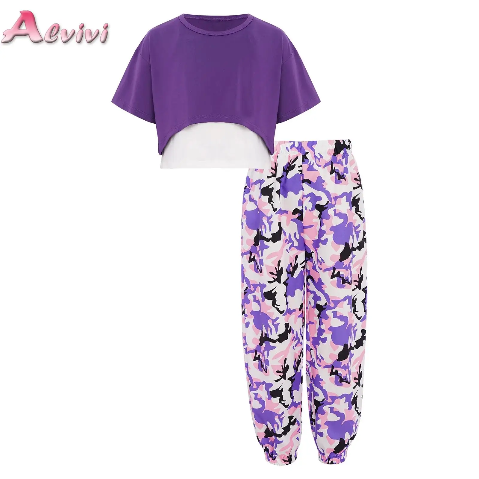 

Girls Hip Hop Clothes Sets Short Sleeve Crop Top with Camisole And Cargo Pants for Kids Children Jazz Street Dance Costumes