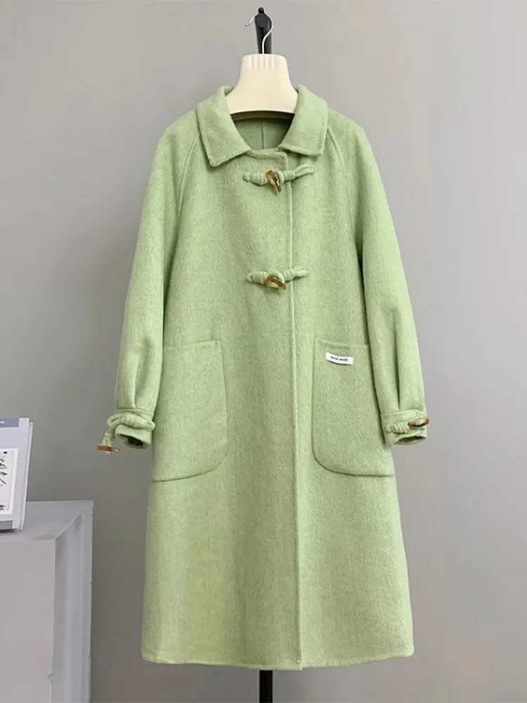 

Осень-зима женское двустороннее шерстяное пальто с узлом и пуговицами, свободный крой, длинный плащ, винтажная ветровка, шерстяное пальто