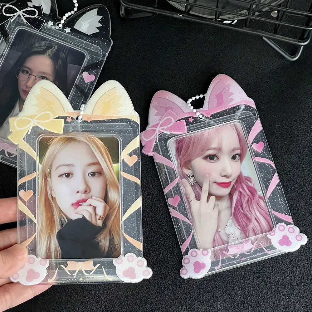 Cute Cat Photocard Holder Glitter Transparent Idol 3 Inch Photo Card Sleeves PVC Student ID Bus Card Case Keychain Bag Pendant