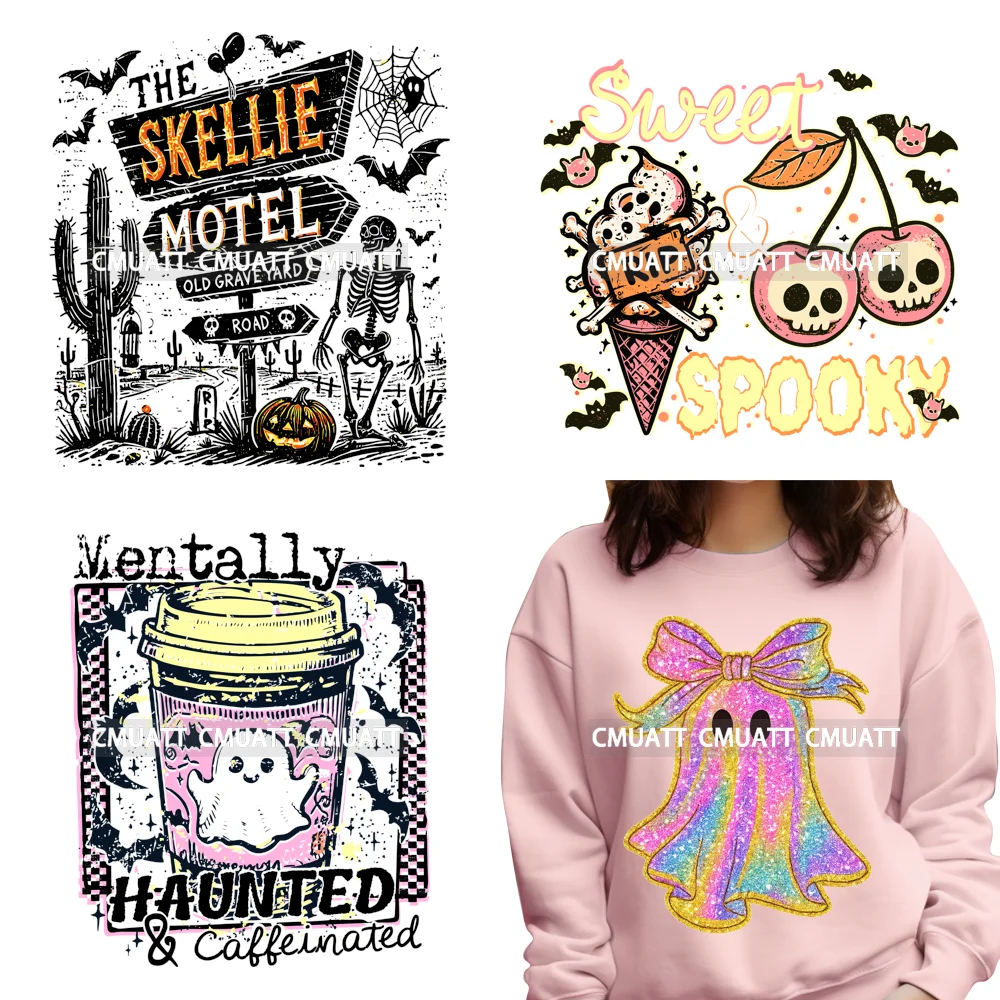 

Trendy Sweet Ice Cream Spooky Halloween Coffee Ghost Skull Iron on DTF Washable Transfers Stickers Ready to Press for T-shirts