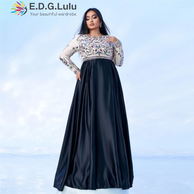 EDGLuLu Print Sequins Spliced Black Plus Size Women Clothing Dresses Elegant Loose Plus Size Party Long Evening Gown 1202